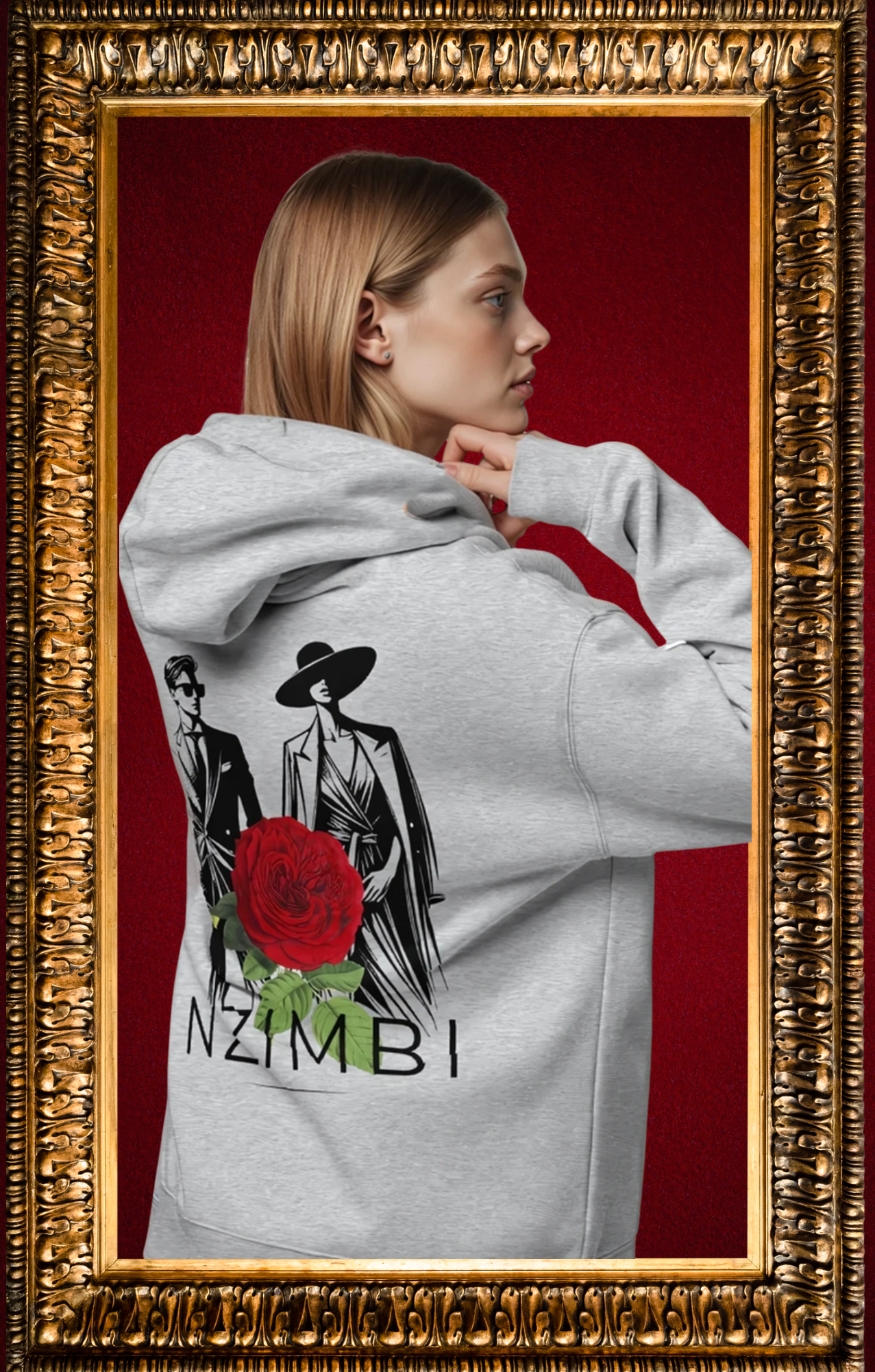 Hoodie Oversize Gris Unisexe – Rose Rouge | NZIMBI WORLD. Hériter. Incarner. Transmettre.