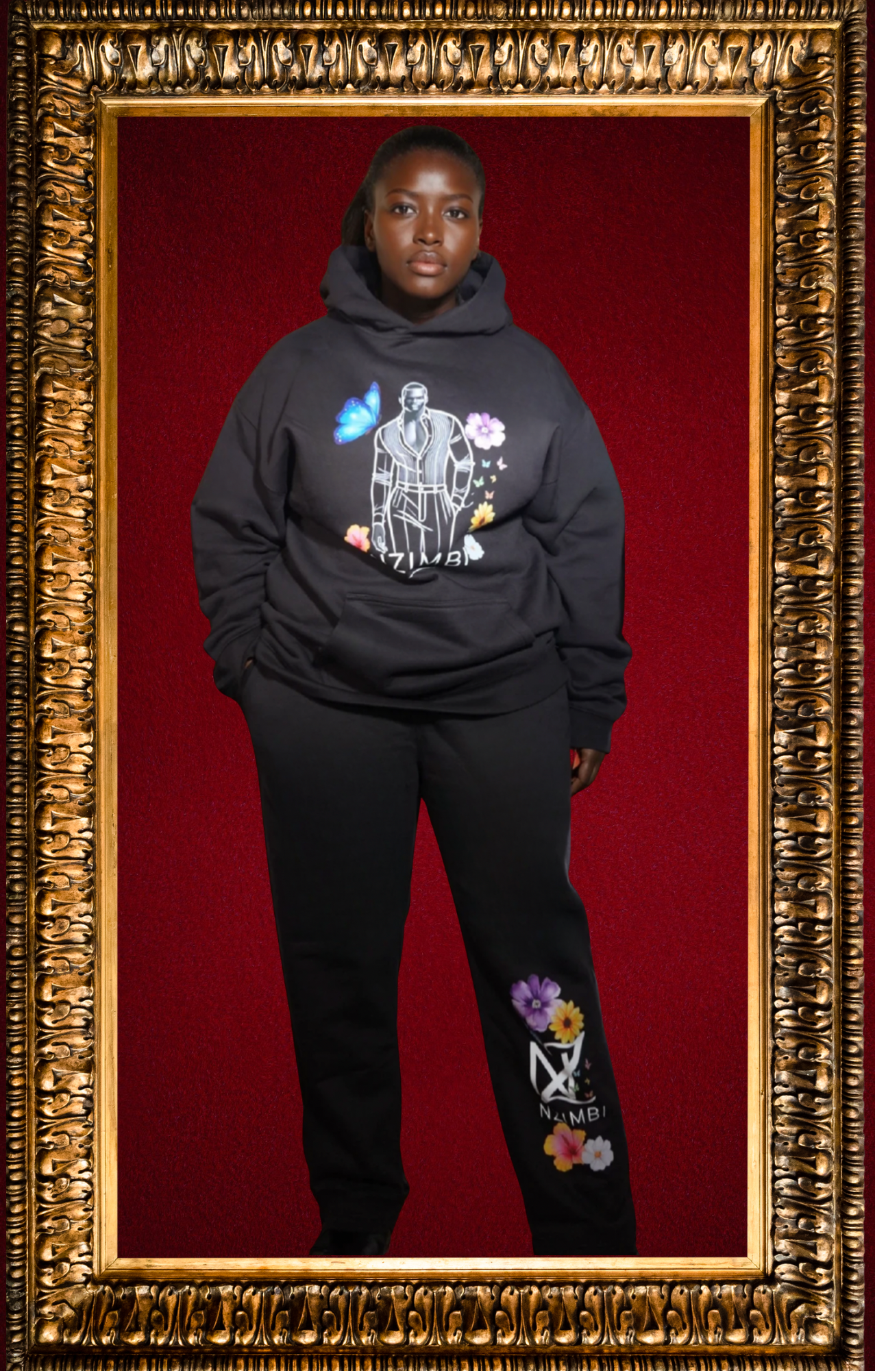 Pantalon Noir Élégant – Panneau Floral Signature