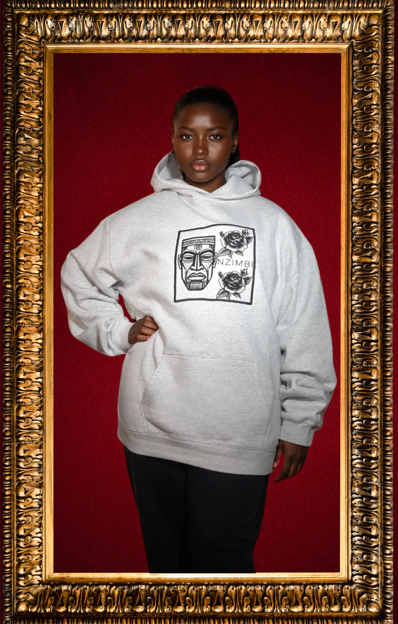 Hoodie Oversize Gris Unisexe « Masque brodé et Roses carmin » | L’héritage à l’état pur