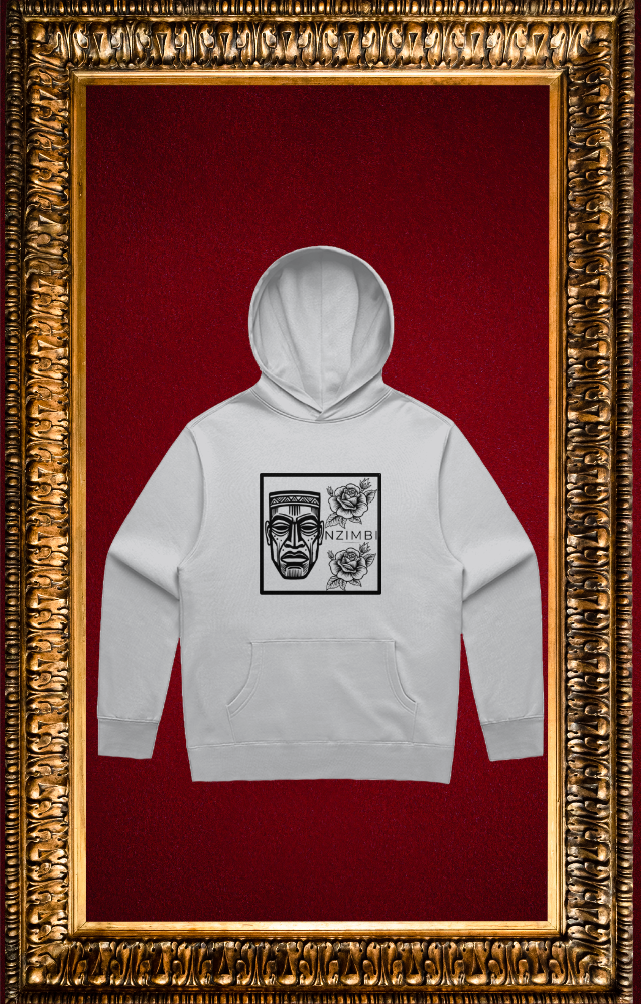 Hoodie Oversize Gris Unisexe « Masque brodé et Roses carmin » | L’héritage à l’état pur