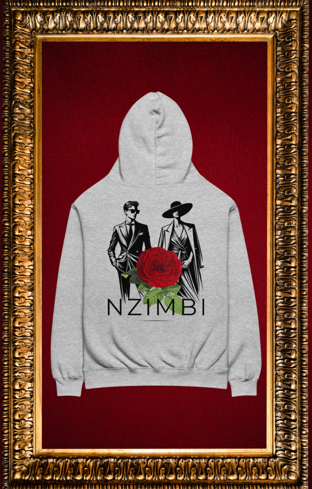 Hoodie Oversize Gris Unisexe – Rose Rouge | NZIMBI WORLD. Hériter. Incarner. Transmettre.