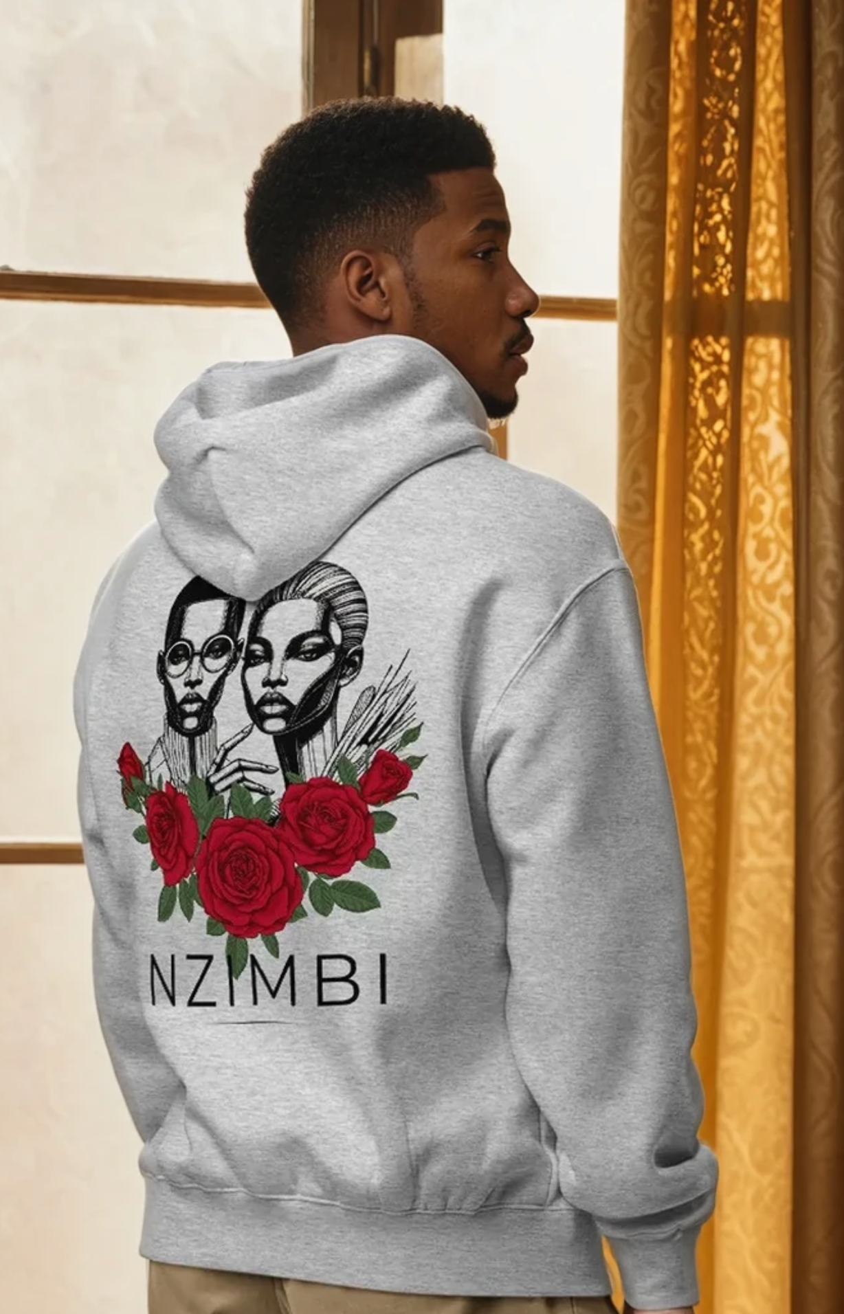 Hoodie Oversize Gris Unisexe « Masque brodé et Roses carmin » | L’héritage à l’état pur