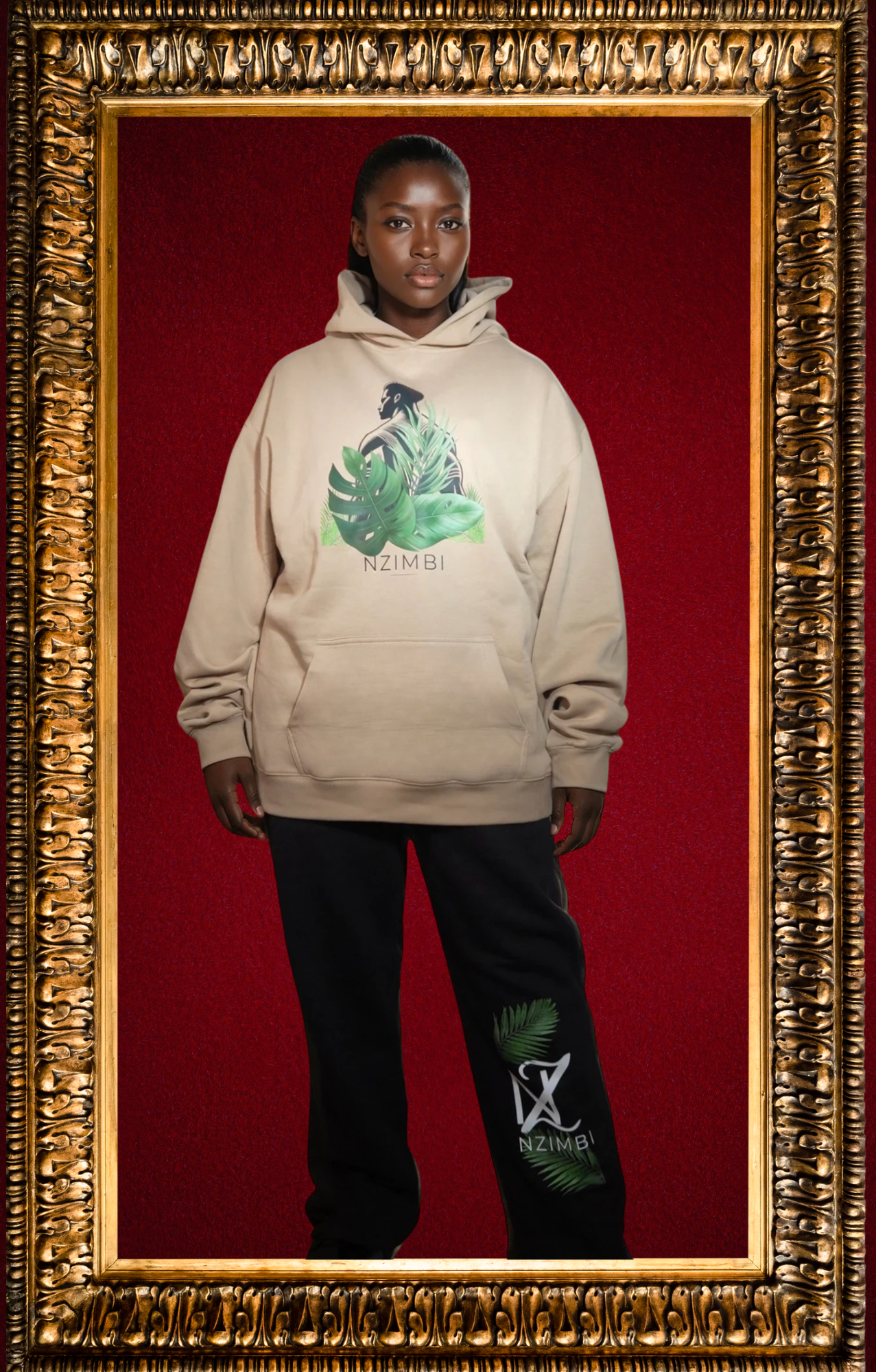 Pantalon Noir Élégant – Panneau Feuillage Signature